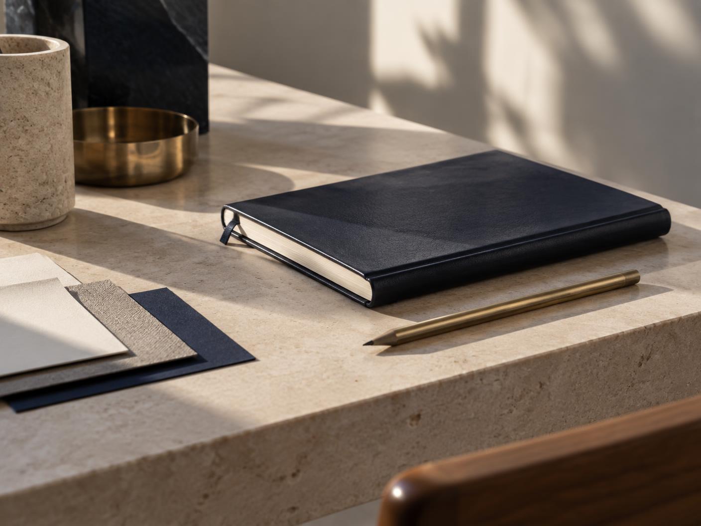 A navy notebook and brass pencil on a limestone workspace