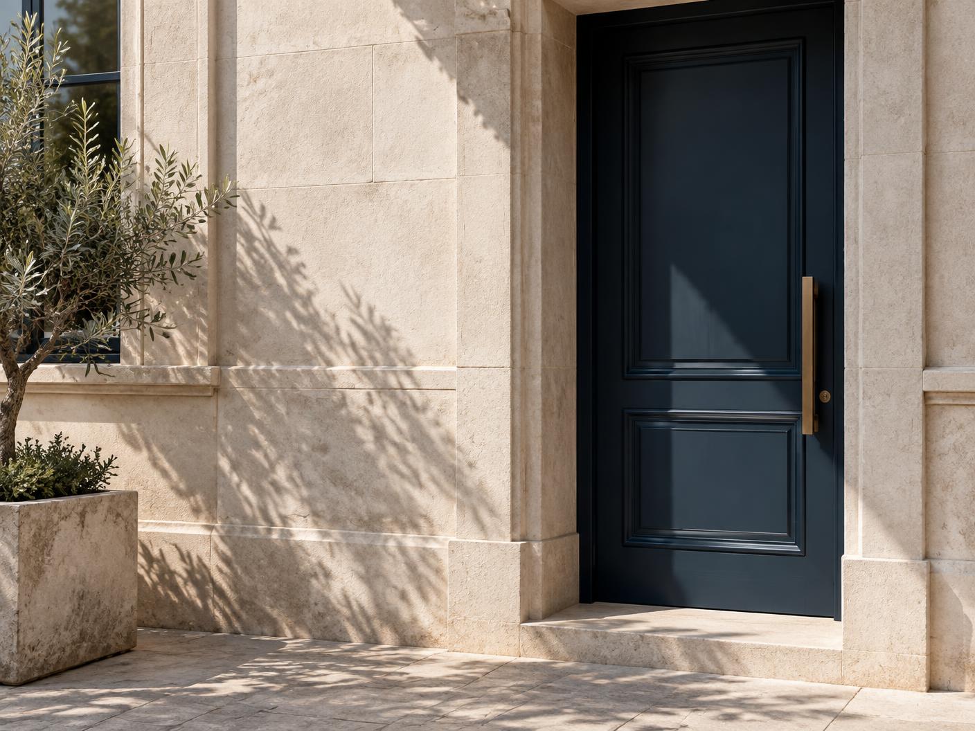 Limestone facade with a navy door and brass handle