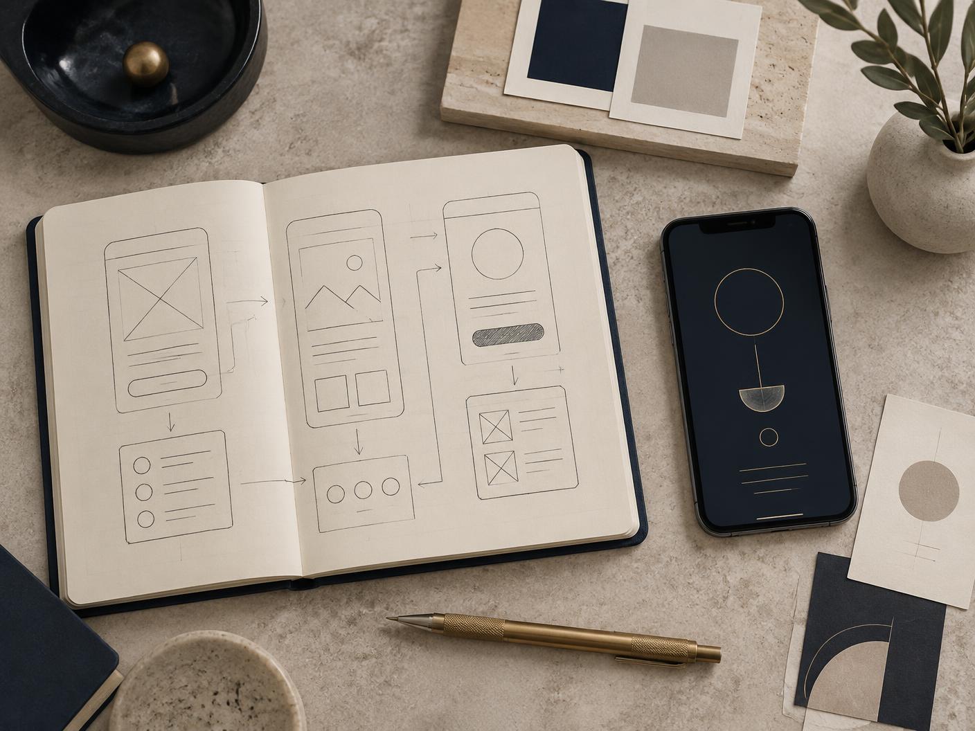A sketchbook of app wireframes beside a phone prototype